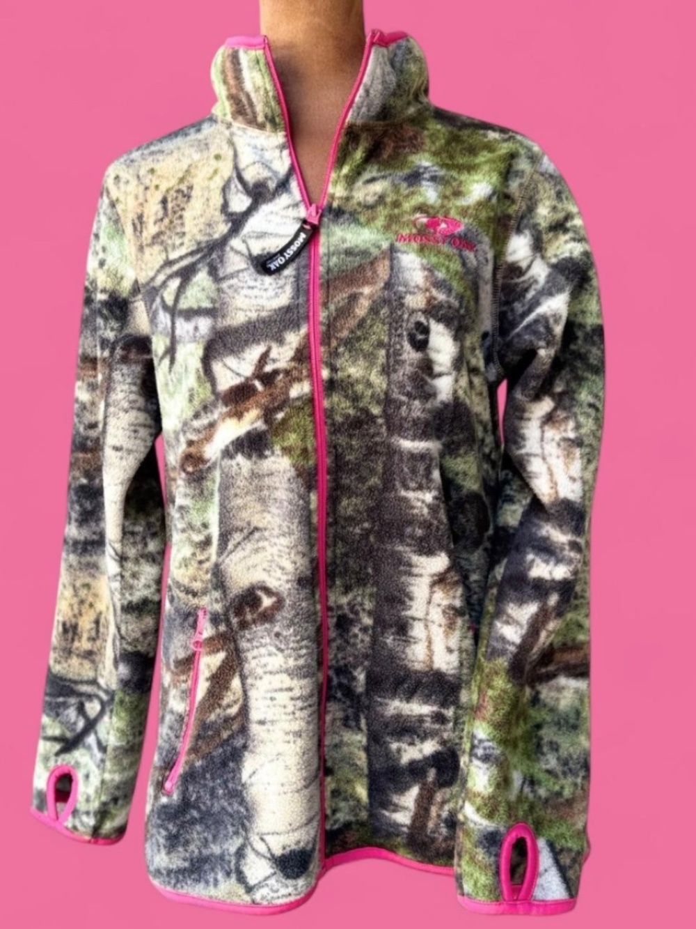 Women's Small Soft Fleece Mossy Oak Pink Camo Full Zip Hunting Outdoor Jacket
